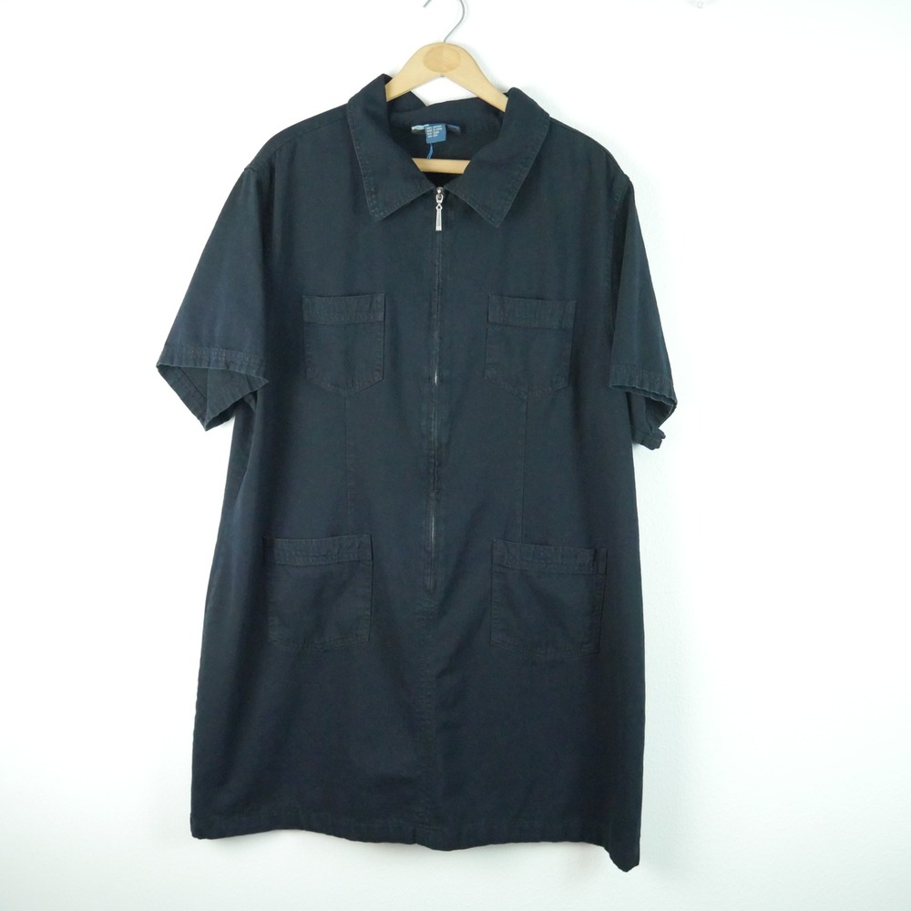 Avenue Blues Womens Plus Size 22W Black Cotton Zip Front Utility Shirt Dress Y2K